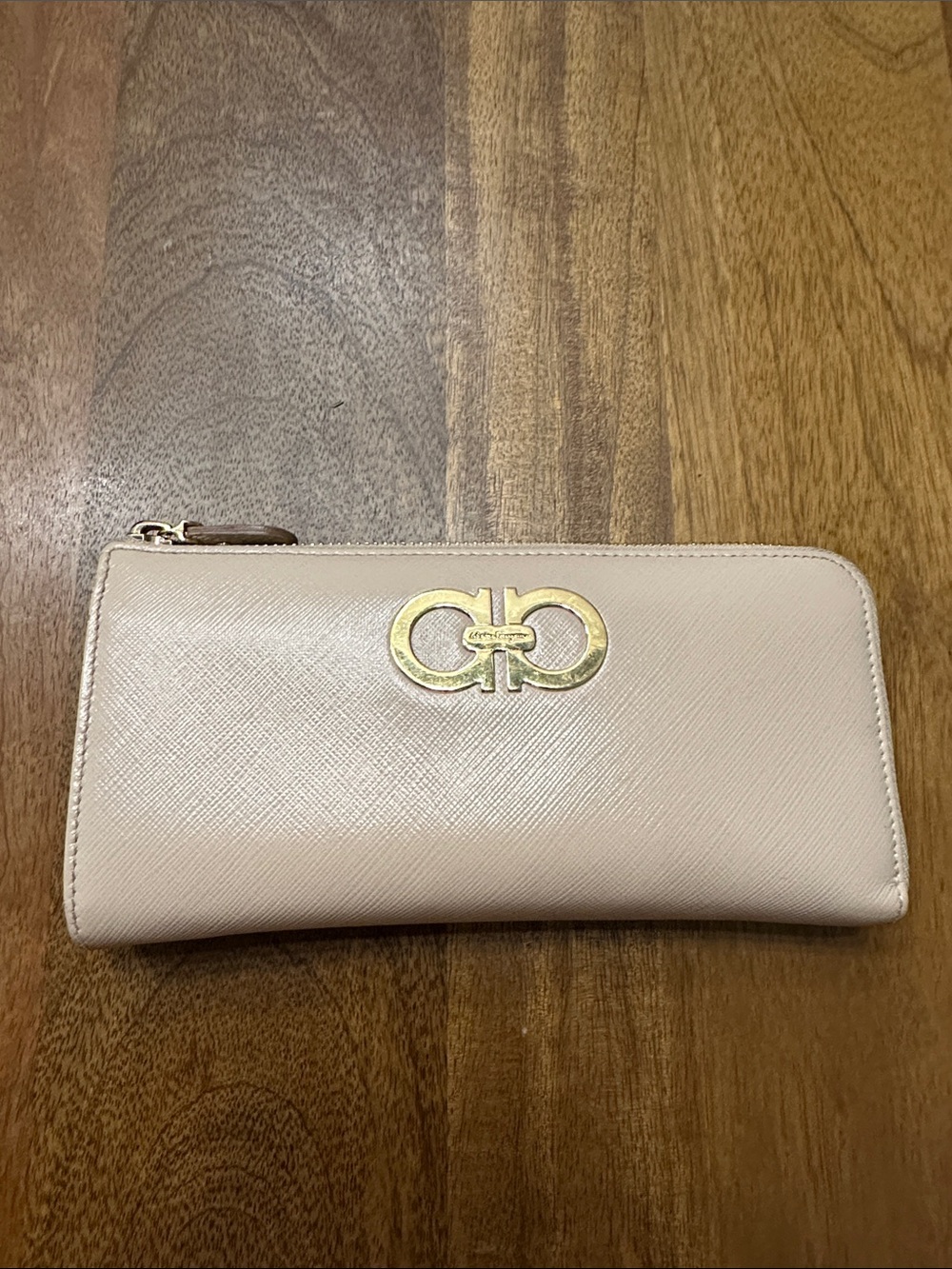 Salvatore Ferragamo Pale Beige Leather Zip-Around Wallet with Gold Logo